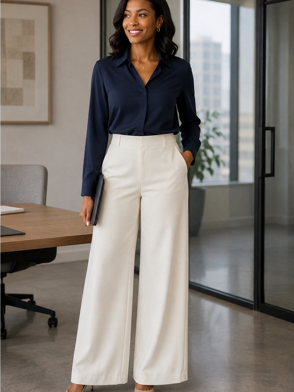 White House Black Market High-Waist Wide-Leg Pants in Cream